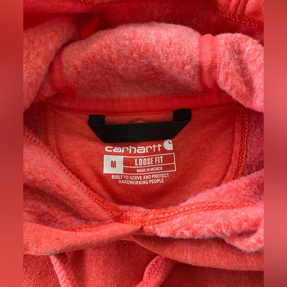 Men's light red Carhartt hoodie with black sleeve lettering. Size M - Picture 3 of 5